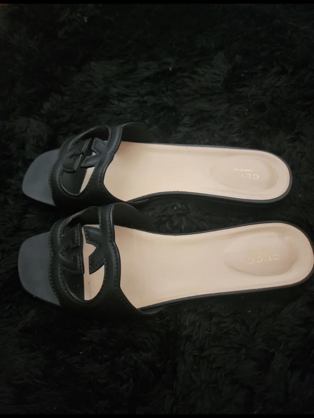 Gucci Black Leather GG Slide Sandals